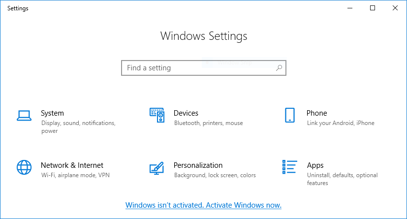Unactivated Windows 10 Settings Reminder